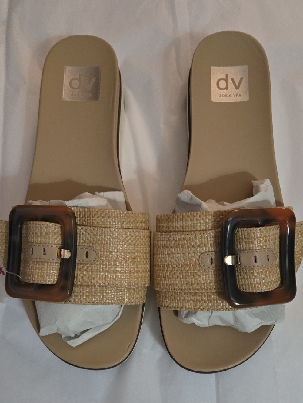 Dolce Vita Natural Raffia Slide Sandals with Tortoiseshell Buckle